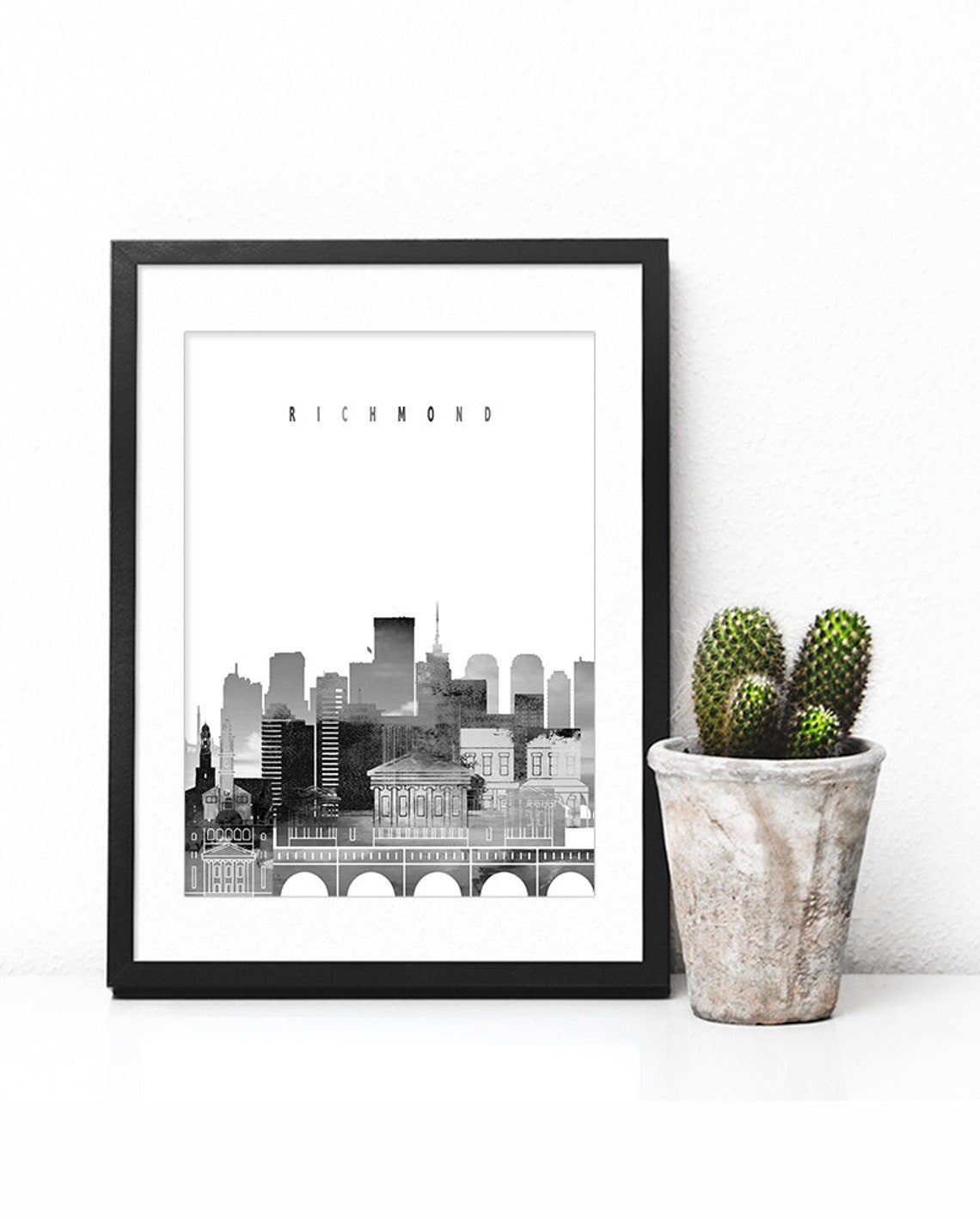 Richmond Black and White Skyline Bridge Minimalist Decor Poster - Image 2