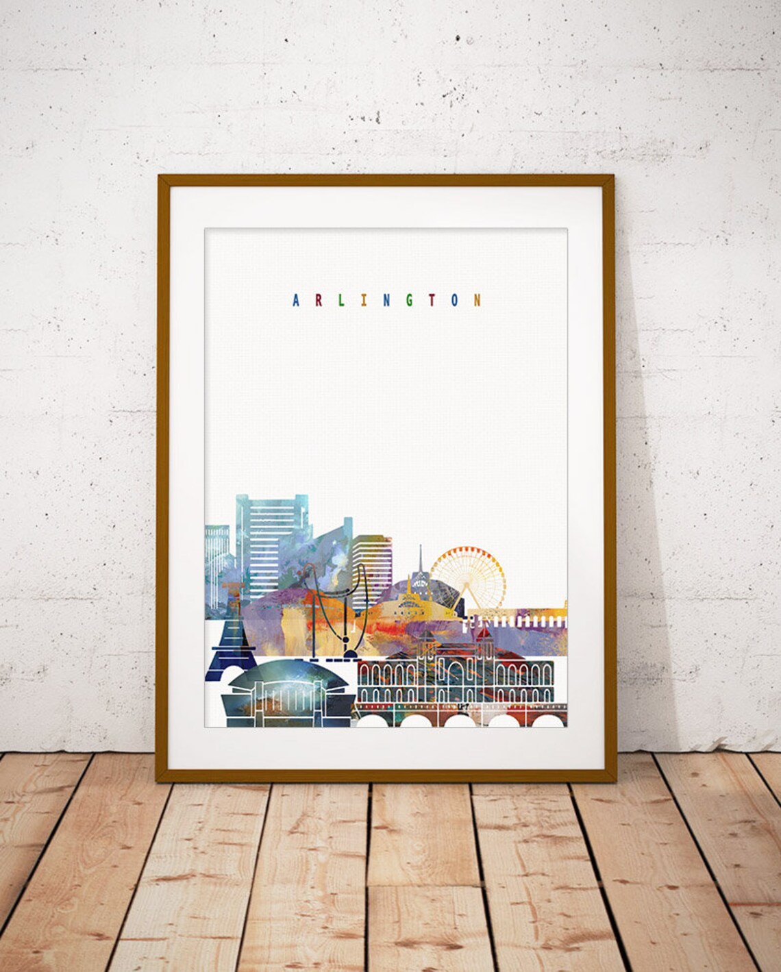 Arlington Skyline Colorful Watercolor Ferris Wheel Art Poster
