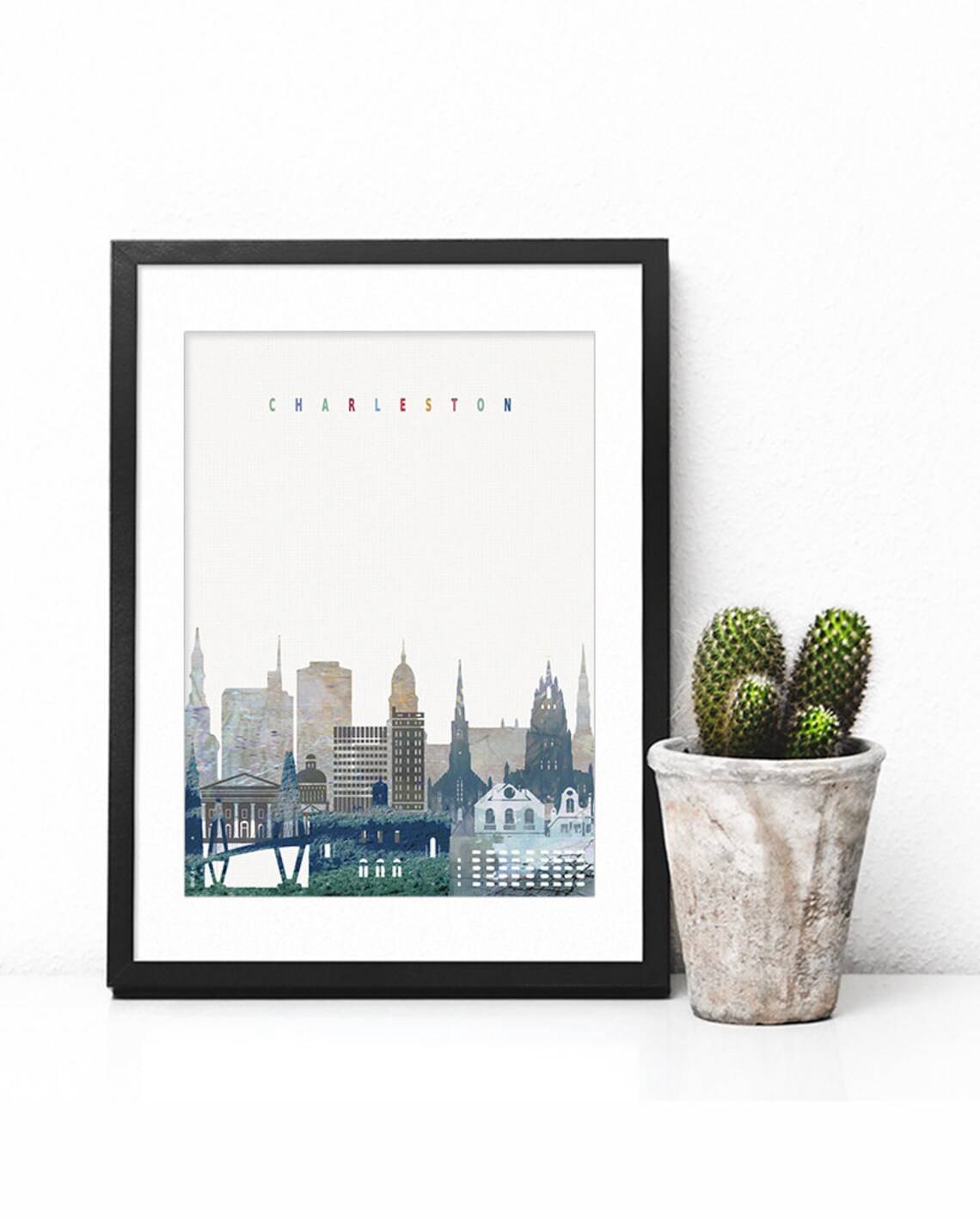 Charleston South Carolina Watercolor Skyline Steeples Pastel Poster - Image 2