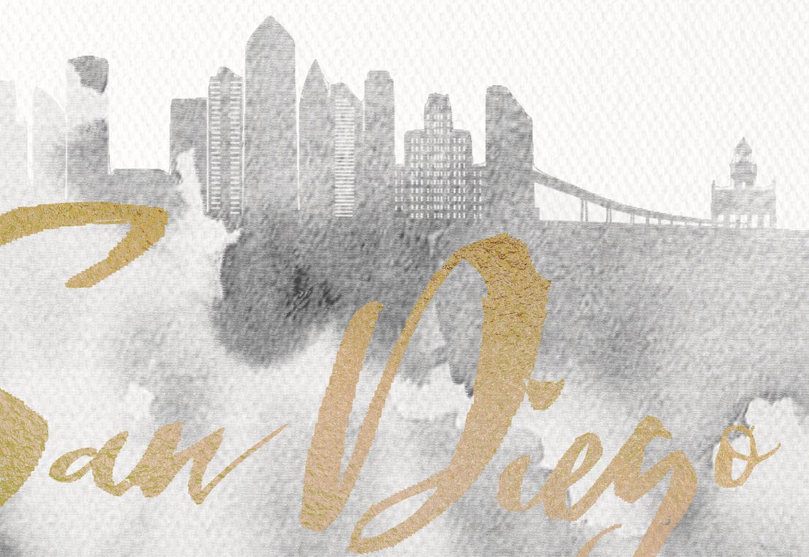 San Diego Gold Foil Script Grayscale Watercolor Skyline Art Poster - Image 2