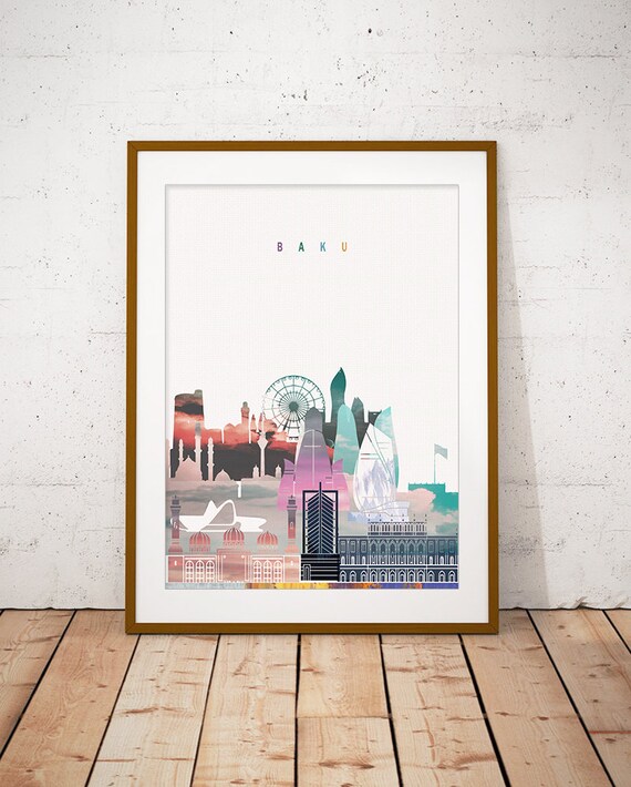 Baku Watercolor Skyline Flame Towers Modern Home Decor Poster