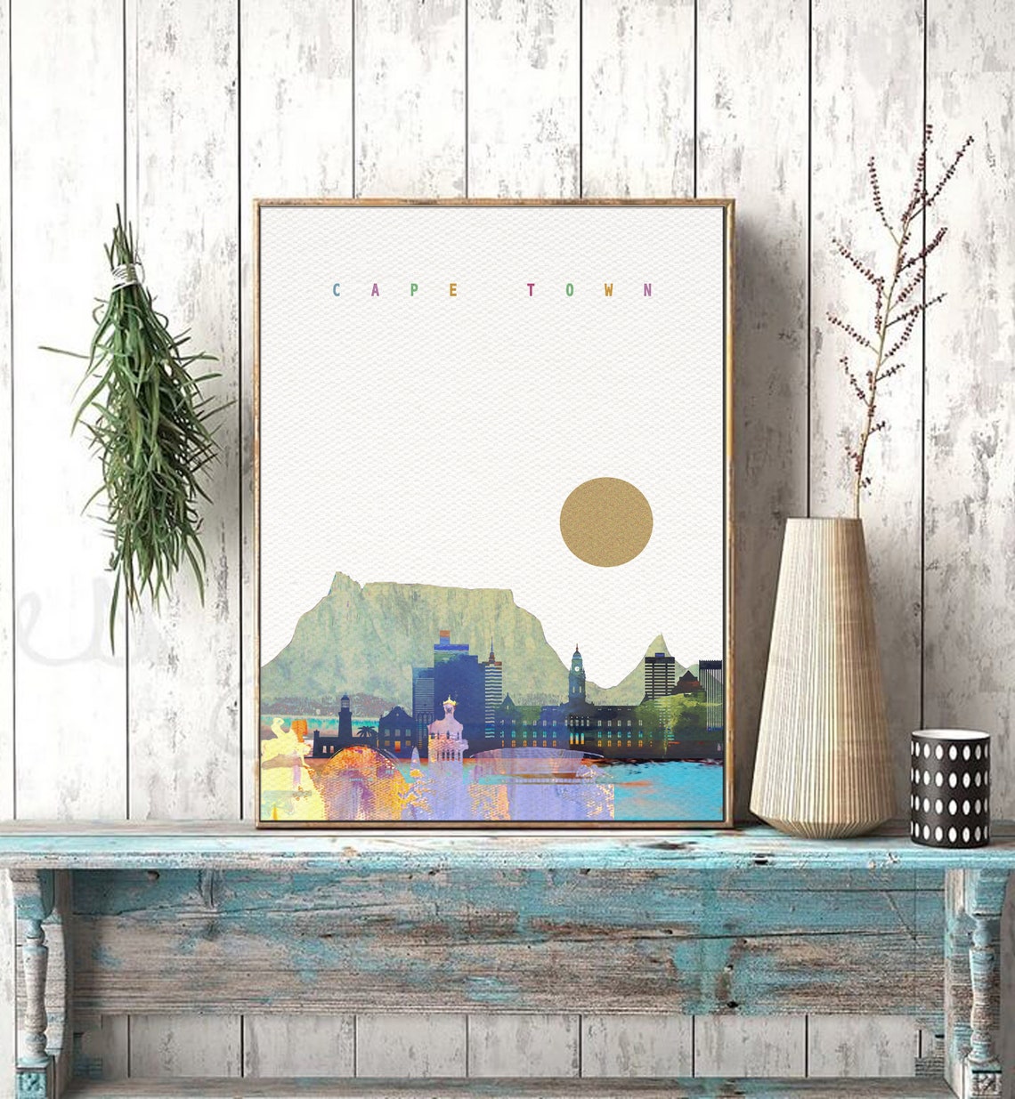 Cape Town Watercolor Skyline Table Mountain Cityscape Poster