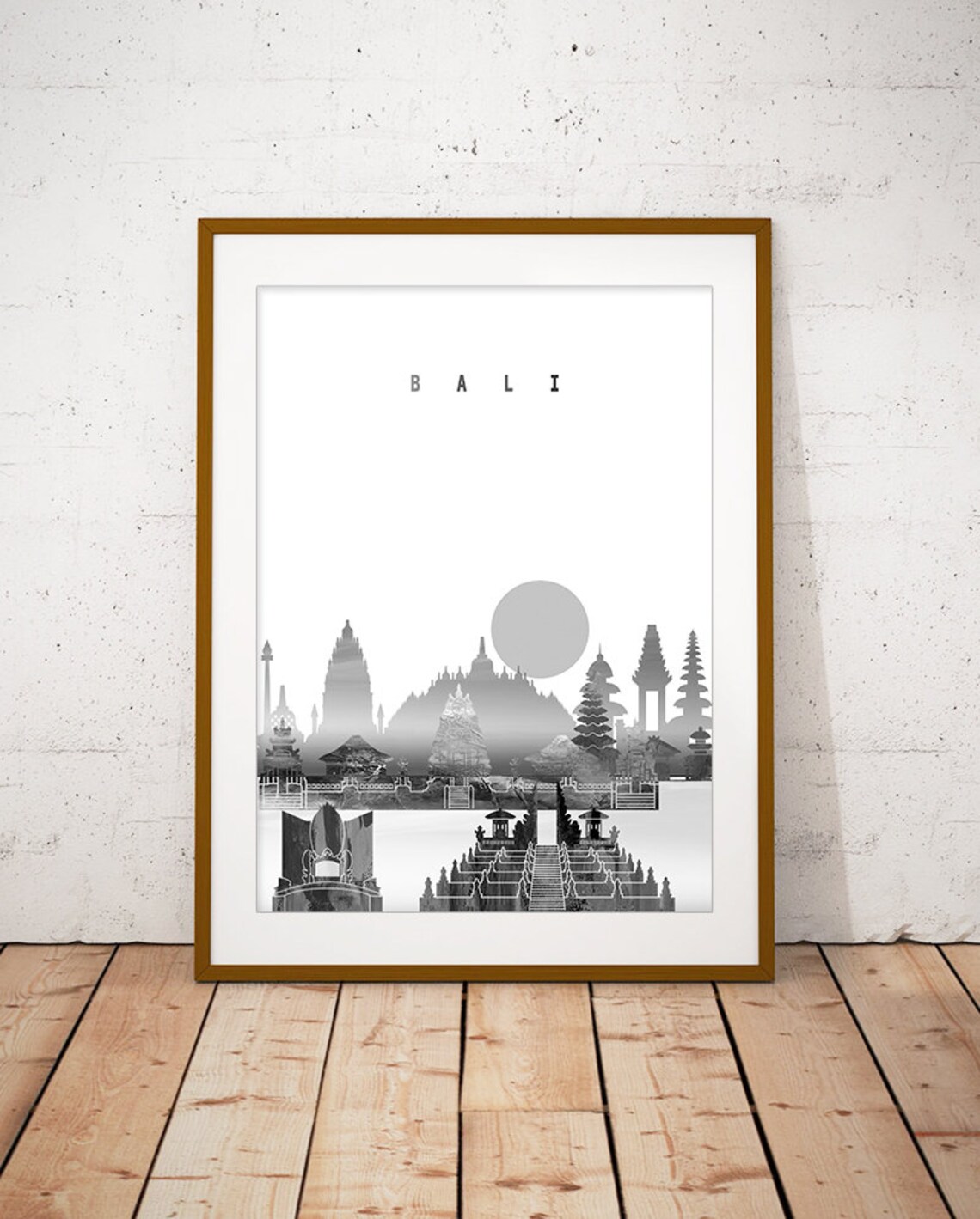 Bali Skyline Black And White Temple Island Sunset Art Poster