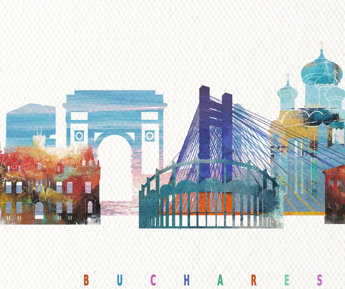 Bucharest Romania Watercolor Skyline Landmark Cityscape Poster - Image 2