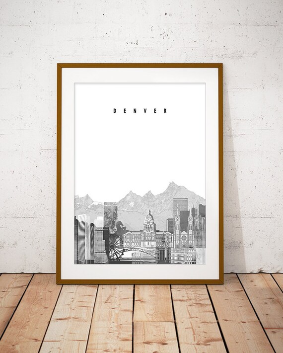 Denver Black and White Skyline Mountains Minimalist Decor Poster