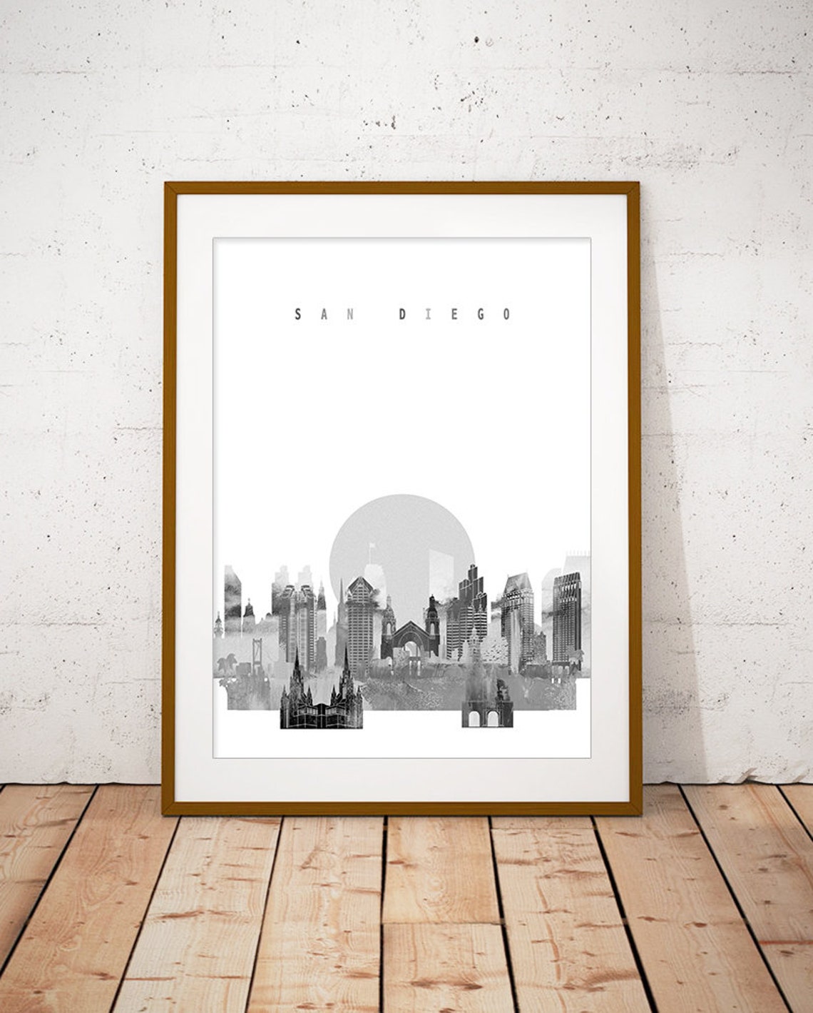 San Diego Black and White Skyline Moon Minimalist Decor Poster