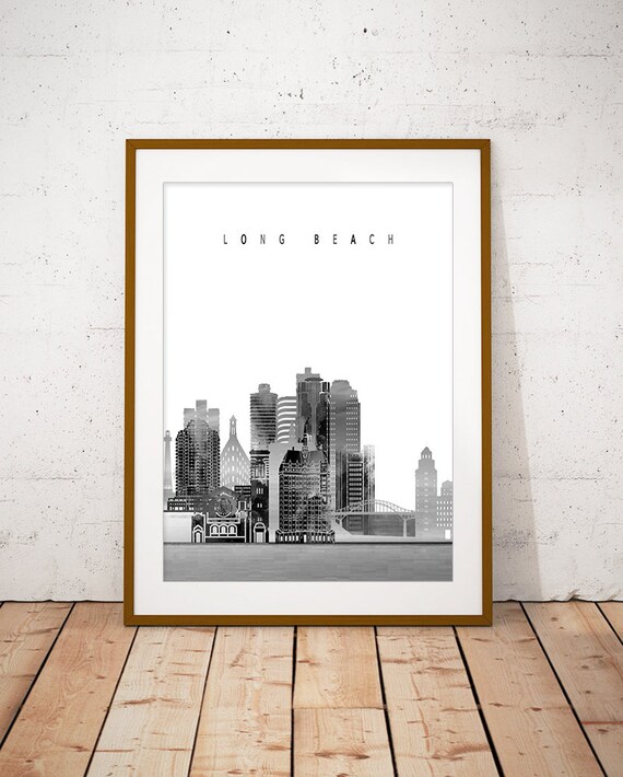 Long Beach Black and White Skyline Minimalist Home Decor Poster