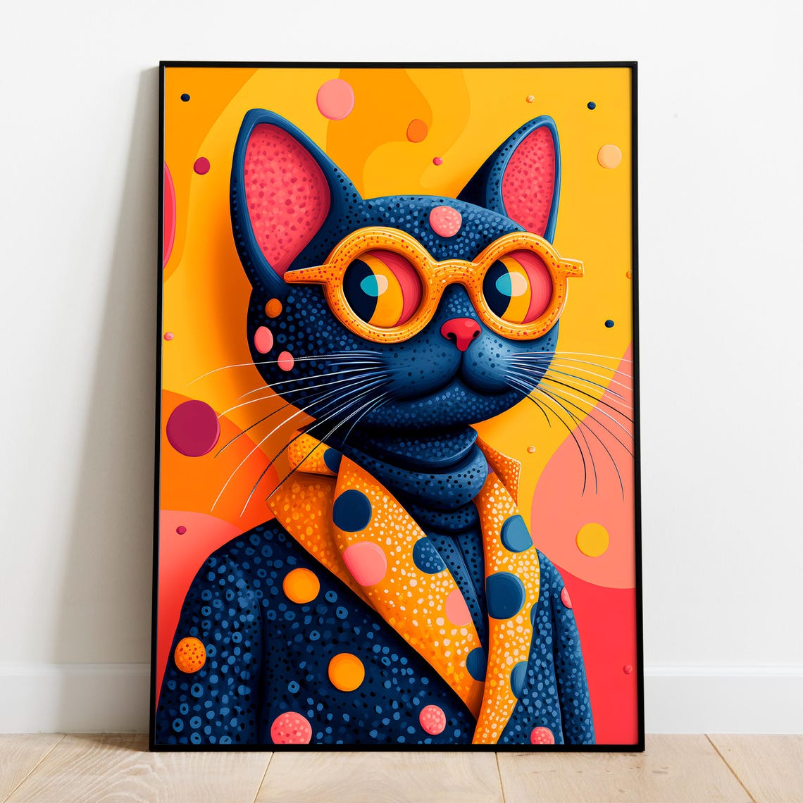 Pop Art Blue Cat Yellow Glasses Polka Dot Scarf Retro Wall Art Print