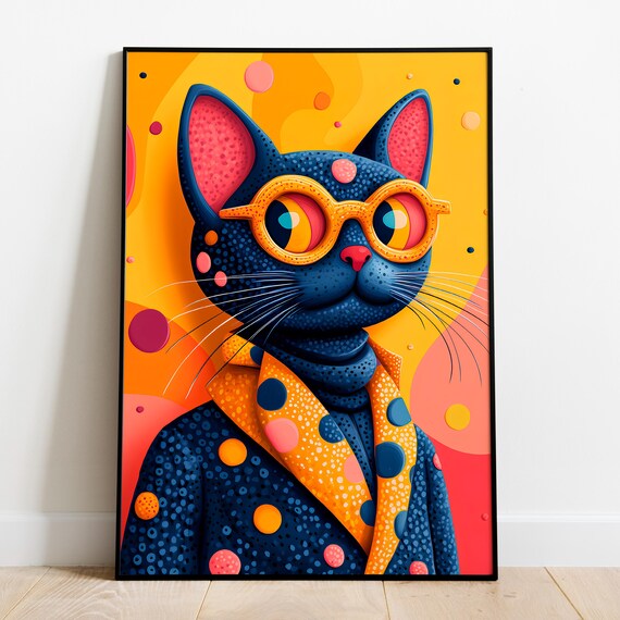 Pop Art Blue Cat Yellow Glasses Polka Dot Scarf Retro Wall Art Print