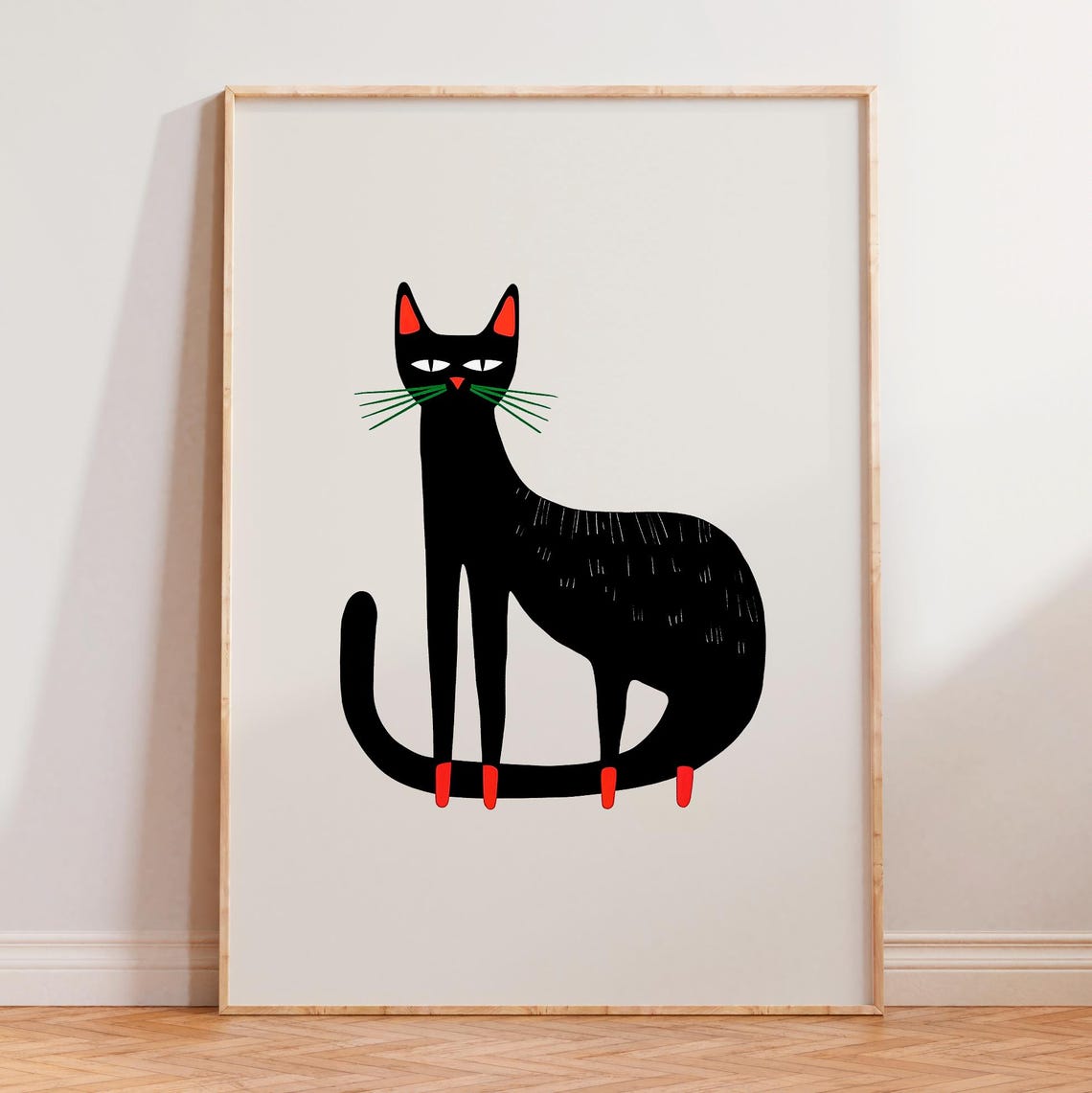 Black Folk Art Cat Red Paws Scandinavian Retro Nursery Wall Art Poster