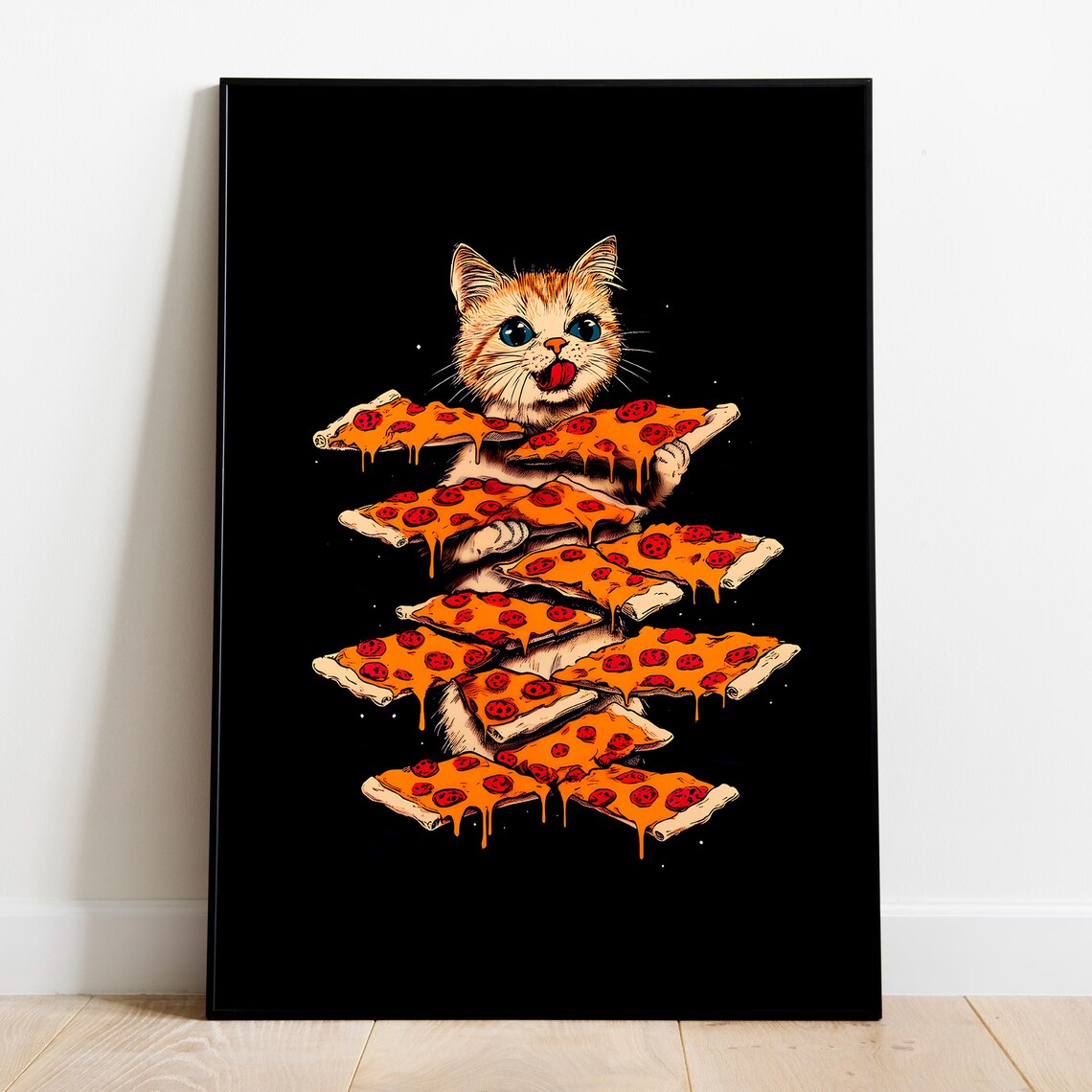 Happy Kitten Stacked Pepperoni Pizza Slices Retro Kitchen Wall Art Print