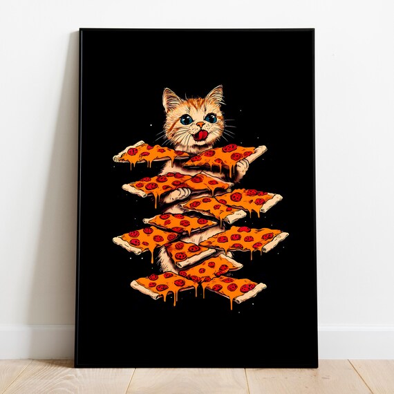 Happy Kitten Stacked Pepperoni Pizza Slices Retro Kitchen Wall Art Print