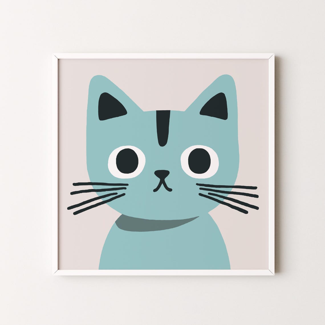 Mint Blue Cat Face Minimalist Geometric Nursery Modern Wall Art Poster