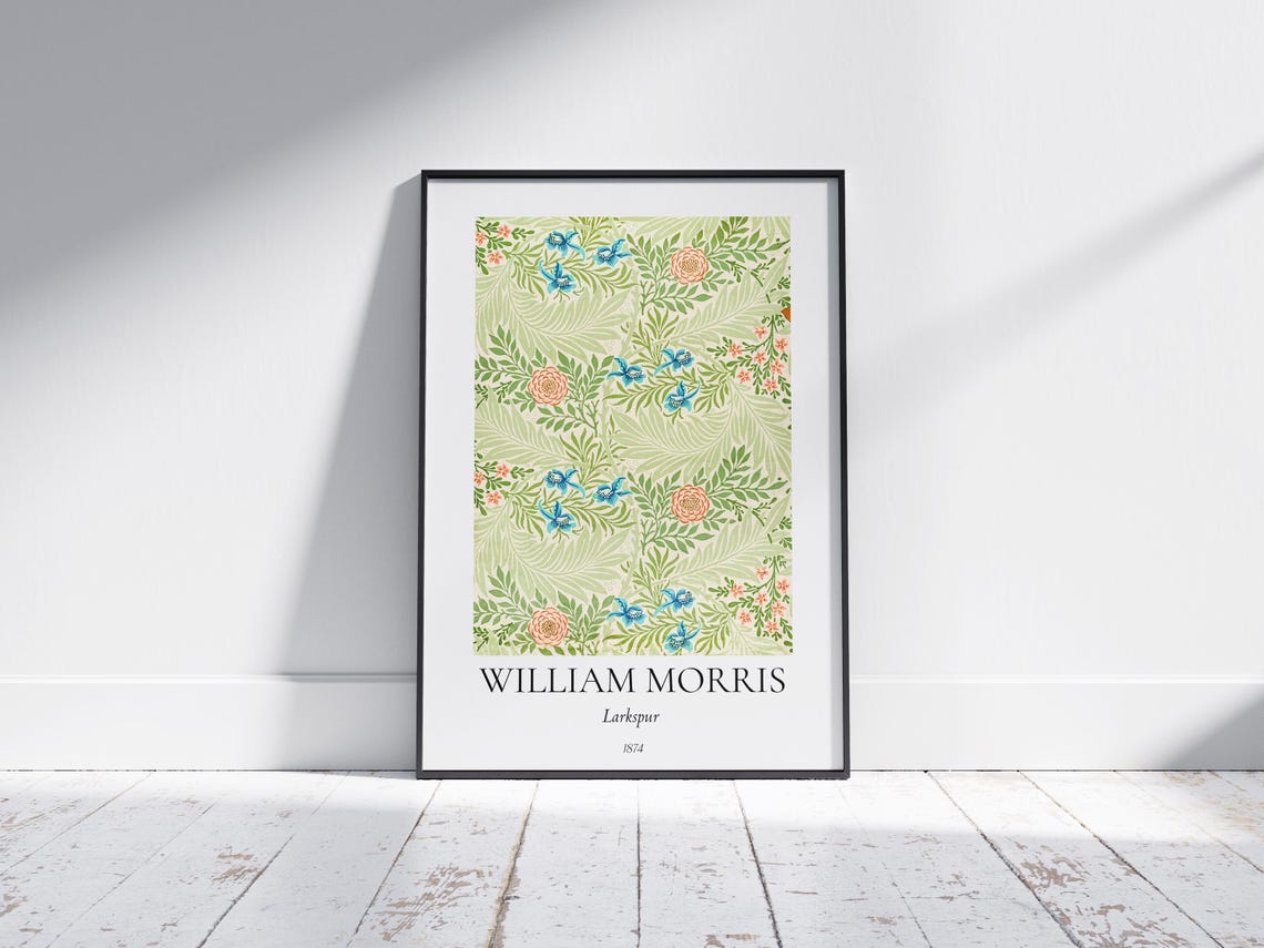 William Morris Larkspur Green Blue Floral Pattern Exhibition Wall Art - Image 7