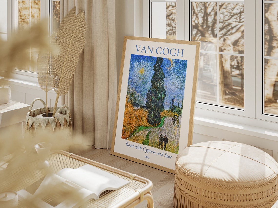 Van Gogh Road with Cypress and Star Night Sky Wheat Field Art Poster - Image 2