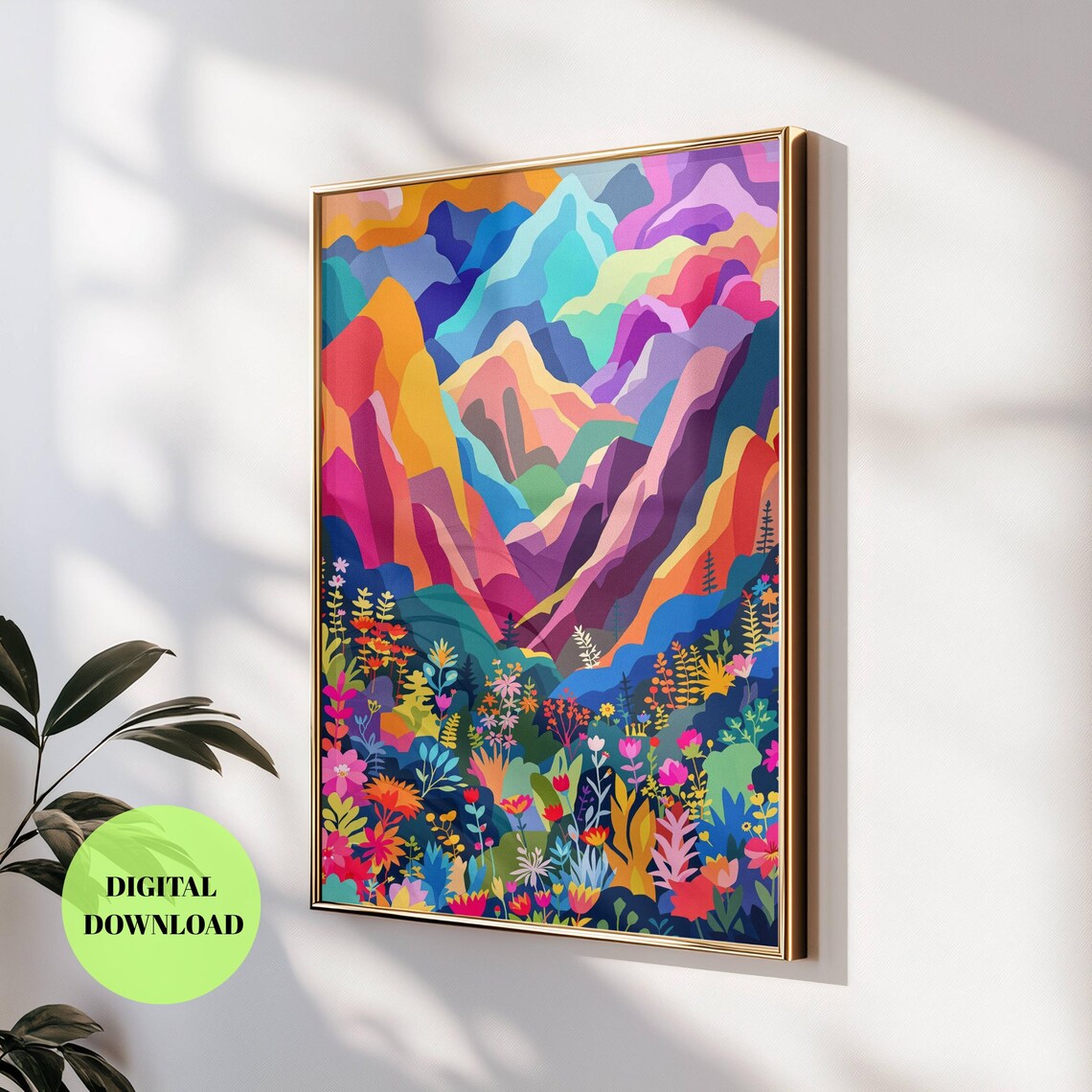 Colorful Mountain Landscape, Bold Boho Botanical Scene