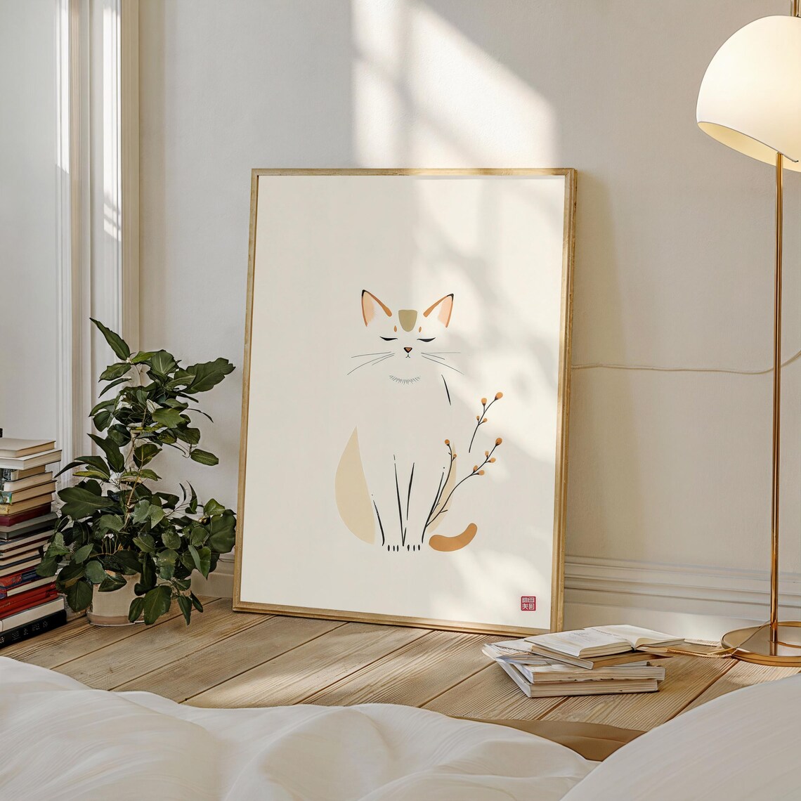 Japanese Zen Cat, Minimalist Relaxing Decor Art Print - Image 3