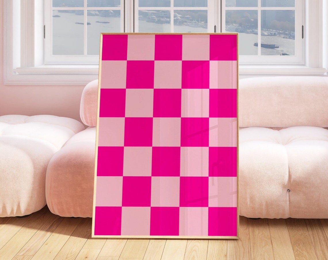 Hot Pink Checkerboard Pattern Retro Checkerboard Trendy Decor Wall Art