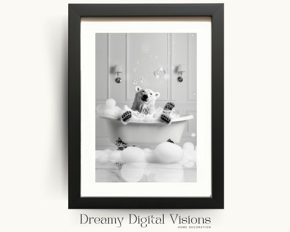 Cute Polar Bear Taking A Bath Funny Bathroom Print Animal In Bathtub Print Gift For Animal Lovers Bathroom Decor