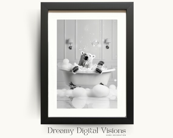 Polar Bear Relaxing in Bubble Bath Black and White Funny Bathroom Poster