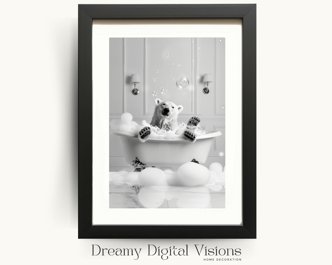Cute Polar Bear Taking A Bath Funny Bathroom Print Animal In Bathtub Print Gift For Animal Lovers Bathroom Decor