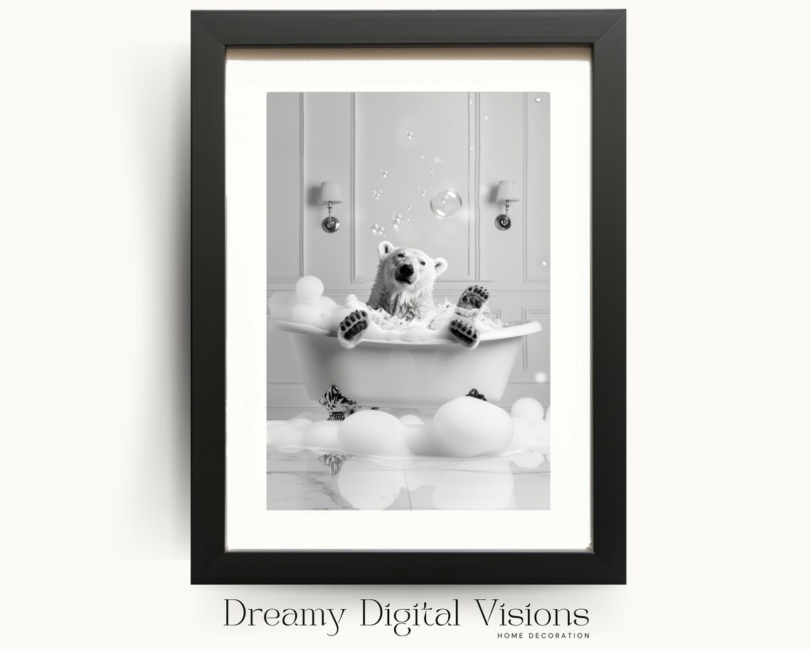 Polar Bear Relaxing in Bubble Bath Black and White Funny Bathroom Poster