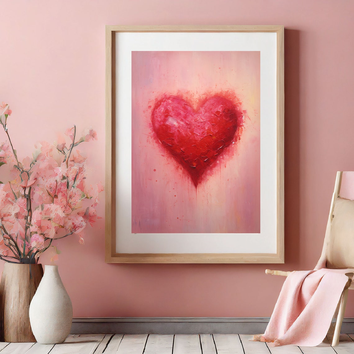 Bold Red Heart Textured Oil Painting Pink Romantic Love Poster - Image 2