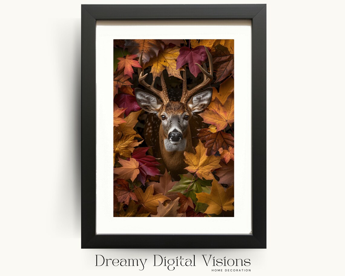 Deer Amongst Autumn Leaves Art Print, Rustic Fall Decor