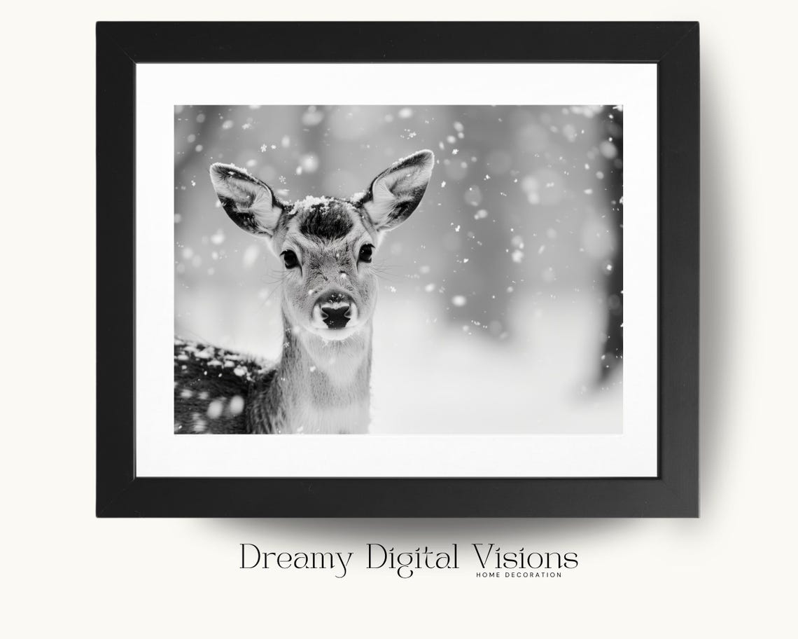 Baby Deer Fawn in Falling Snow Black and White Close Up Poster