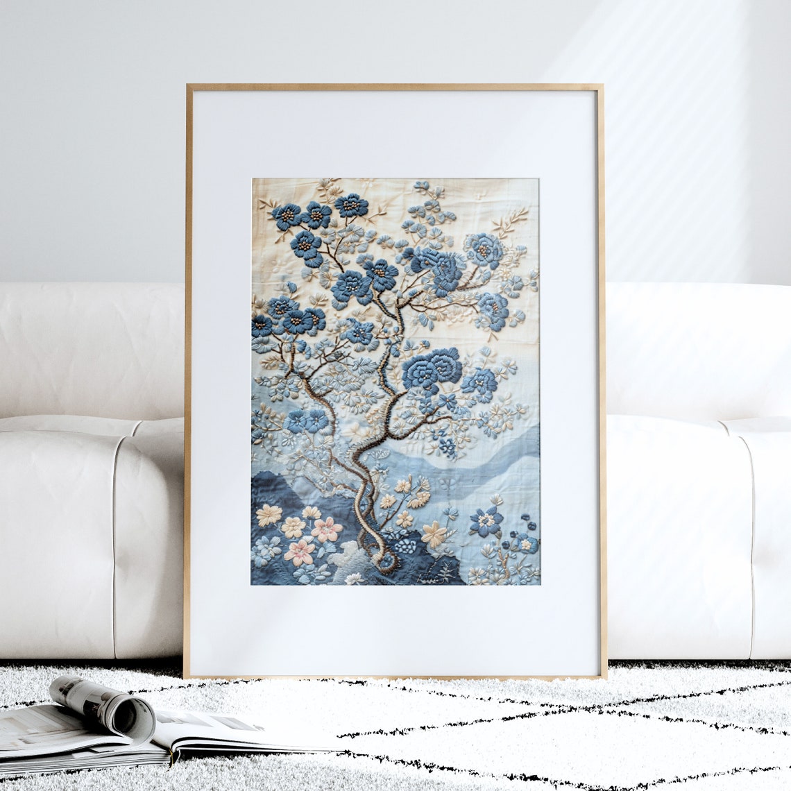 Blue Blossom Tree Oriental Silk Embroidery Style Textile Poster - Image 3
