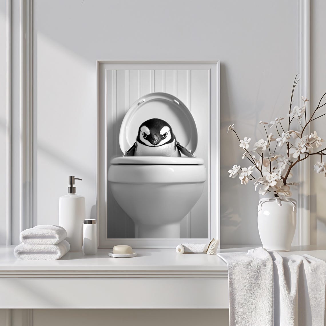 Funny Penguin Sitting on a Toilet Black and White Bathroom Poster - Image 2