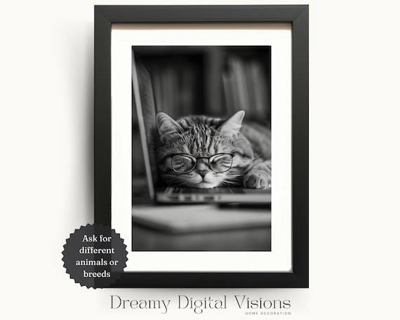 Tabby Cat With Glasses Asleep on Laptop Funny Office Photo Poster