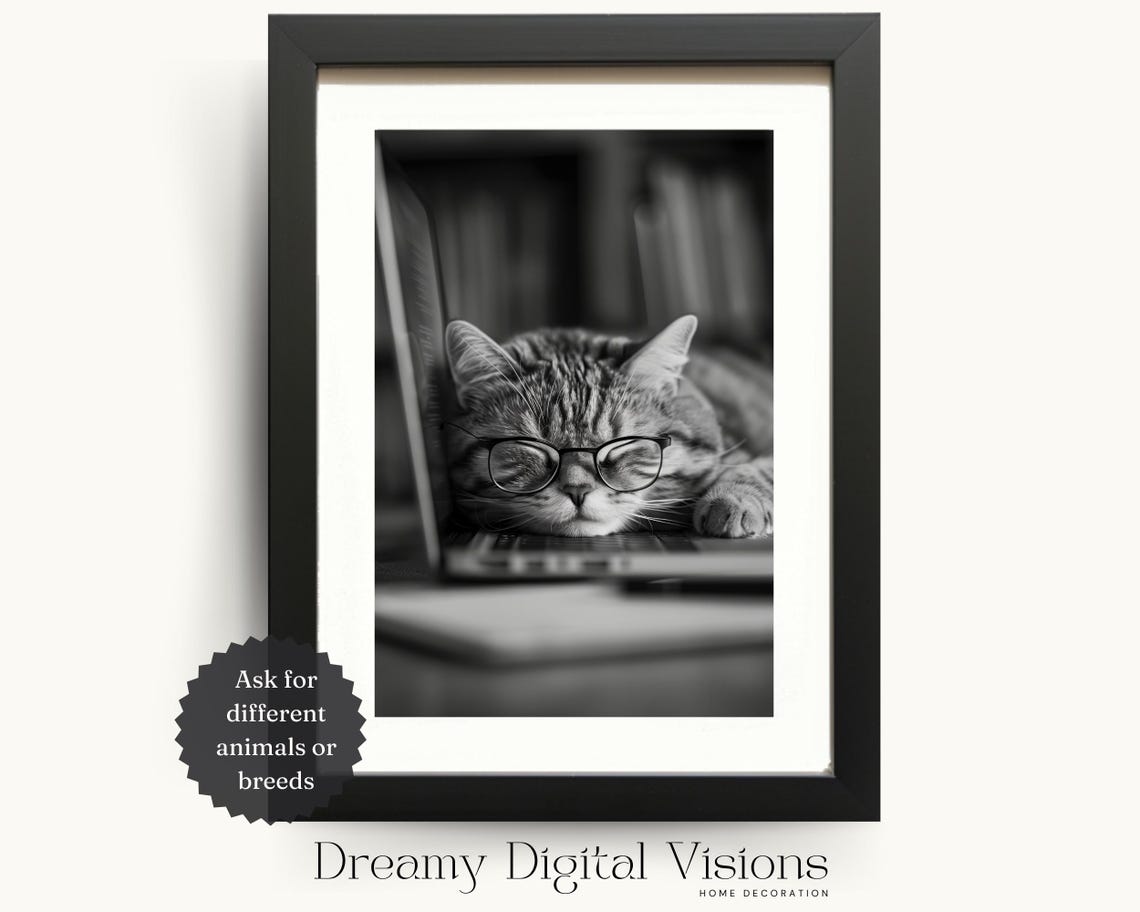 Tabby Cat With Glasses Asleep on Laptop Funny Office Photo Poster