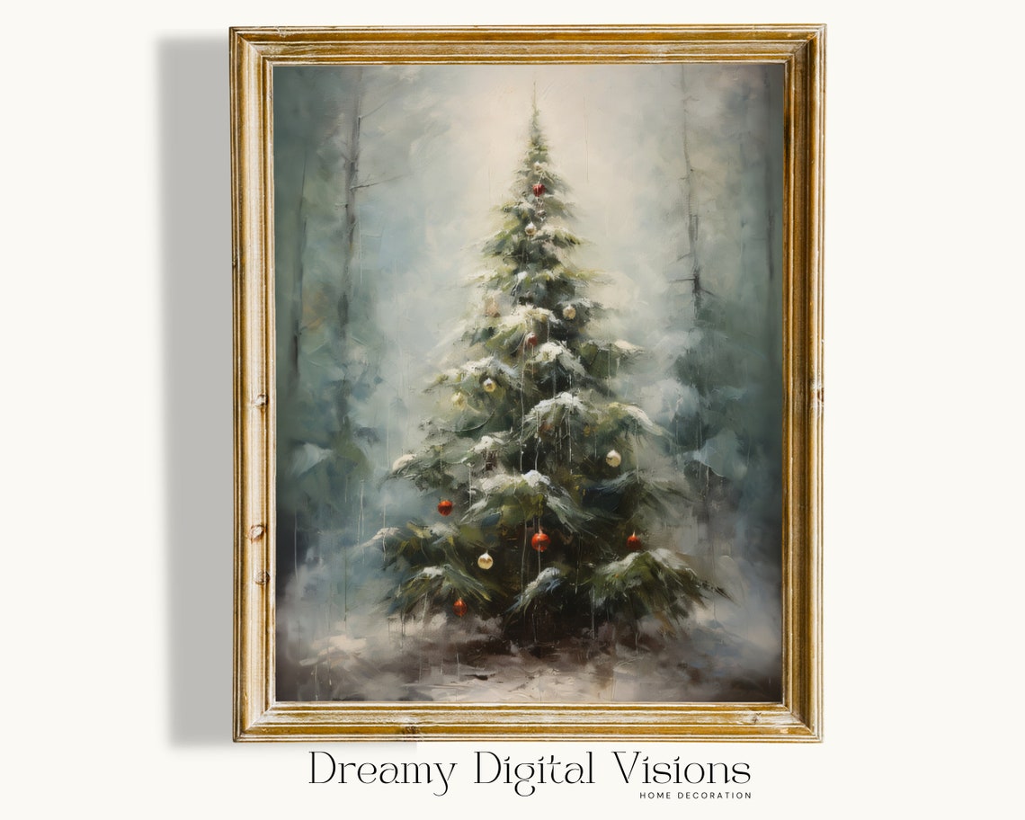Snowy Christmas Tree in a Misty Forest Winter Painting Poster