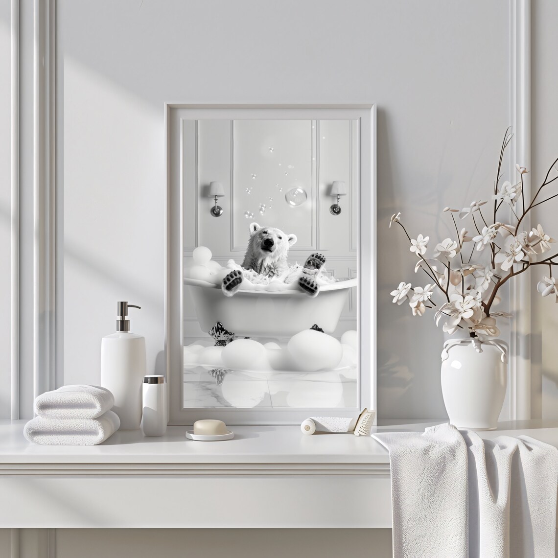 Polar Bear Relaxing in Bubble Bath Black and White Funny Bathroom Poster - Image 2