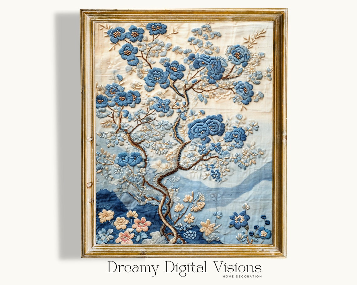 Blue Blossom Tree Oriental Silk Embroidery Style Textile Poster