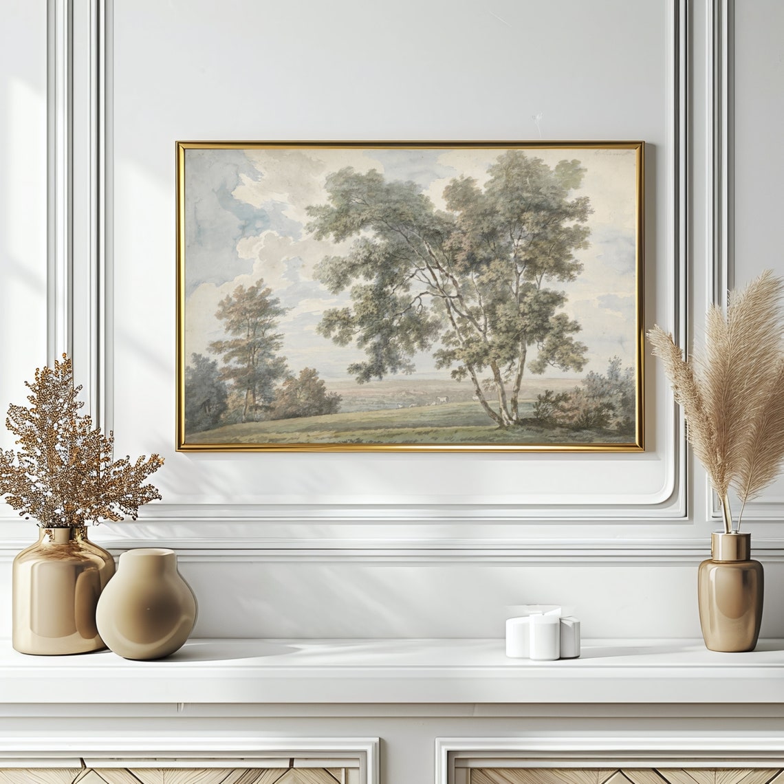 1700s Vintage Watercolour Landscape With Ink Antique Landscape Painting For Country Farmhouse Decor Reproduction Of Landscape - Image 2
