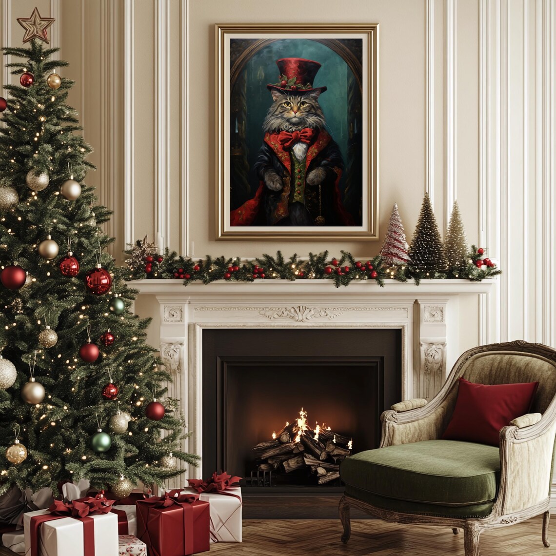 Elegant Cat In Victorian Christmas Attire, Vintage - Image 2