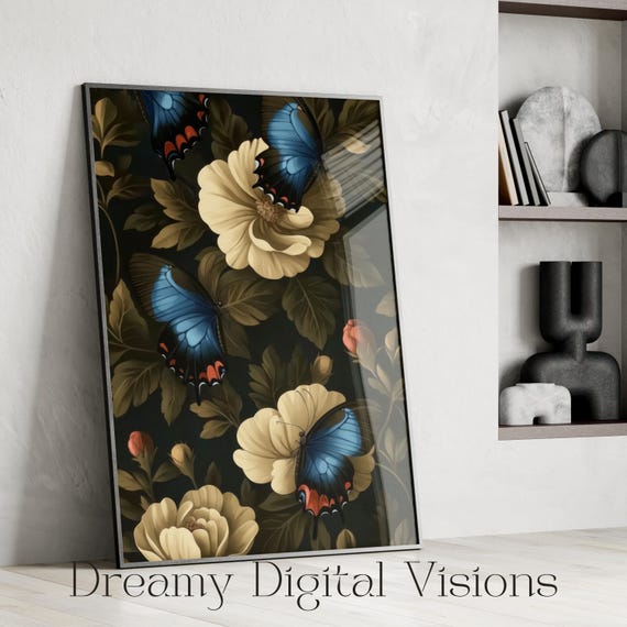 Victorian Butterfly Floral Art Print William Morris Inspired Wall Art Vintage Botanical Decor For Home Whimsigoth Dark Academia
