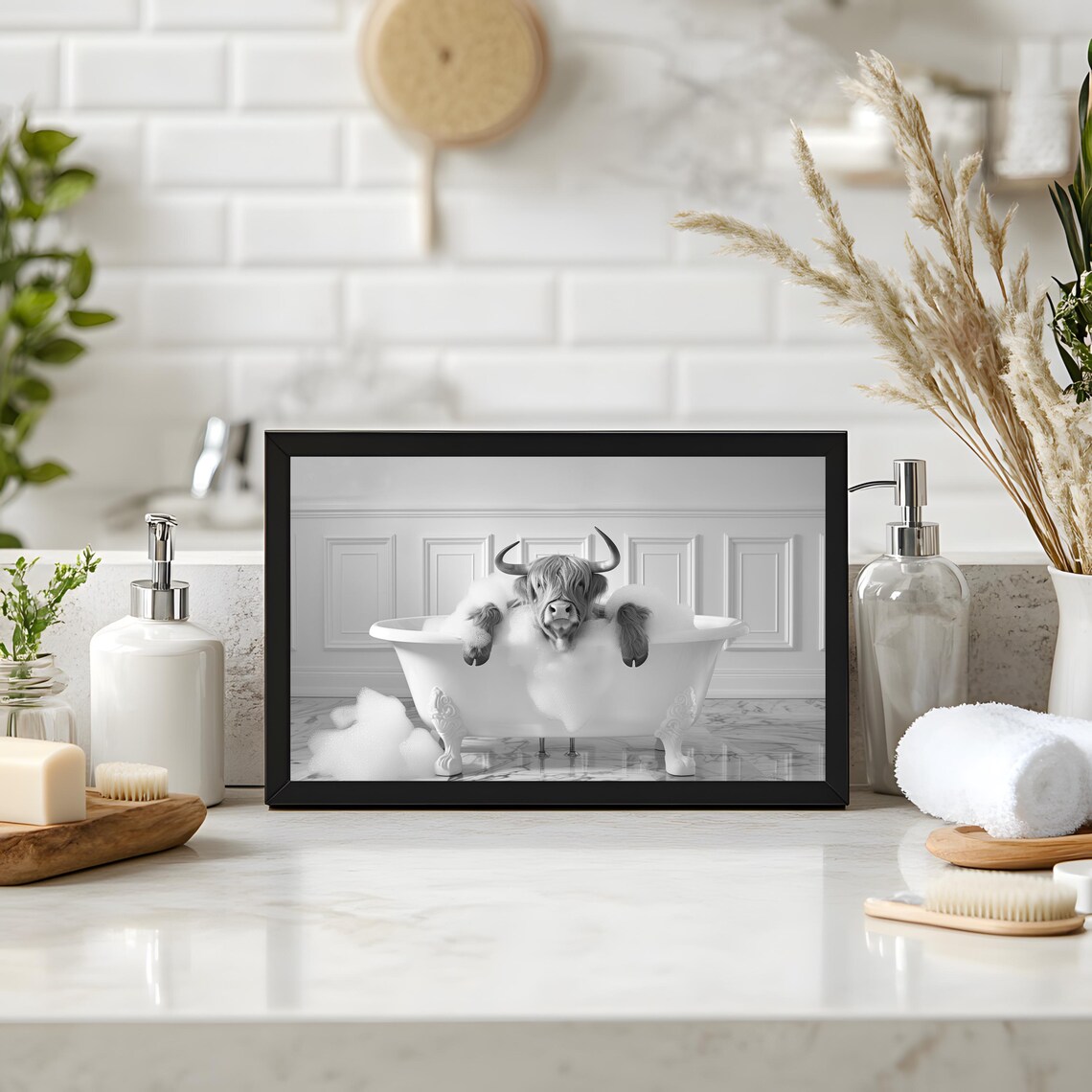 Highland Cow Taking a Bath, Rustic Bathroom Art Print - Image 2