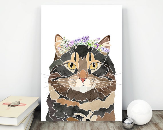 Tabby Cat Pet Portrait Flower Crown Watercolor Wall Art Poster Lover Gift For Her Home Decor Dorm
