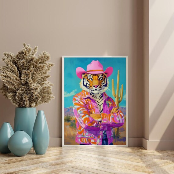 Cowgirl Tiger Art Print Trendy Western Wall Decor In Cowboy Hat Poster Preppy Maximalist