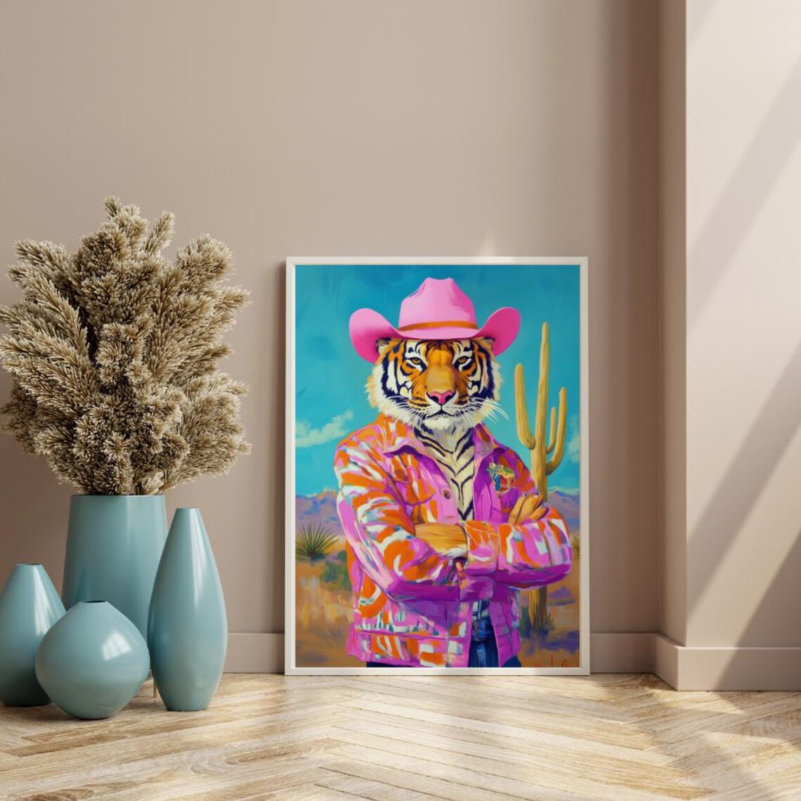 Cowgirl Tiger In Pink Hat Western Desert Cactus Trendy Animal Poster