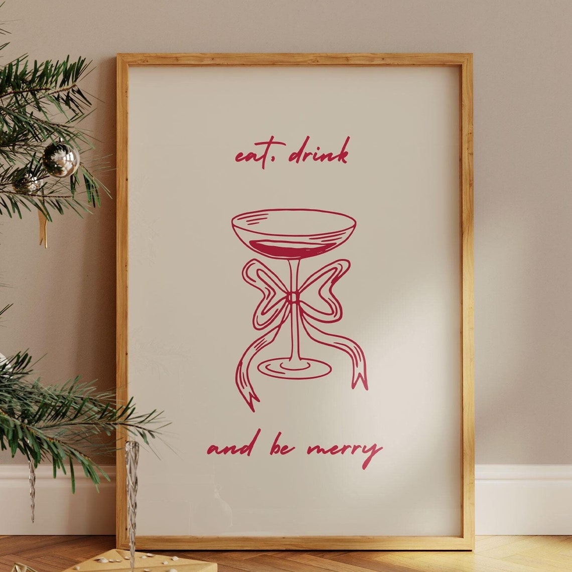 Eat Drink and Be Merry Red Script Coupe Glass Bow Wall Poster - Image 2