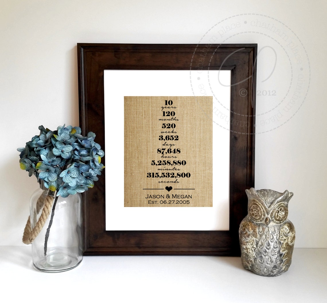 10 Year Anniversary Gift 10 Years Together Personalized Burlap Print Ten Year Anniversary Gift For Him Gift For Her Gift For Husband