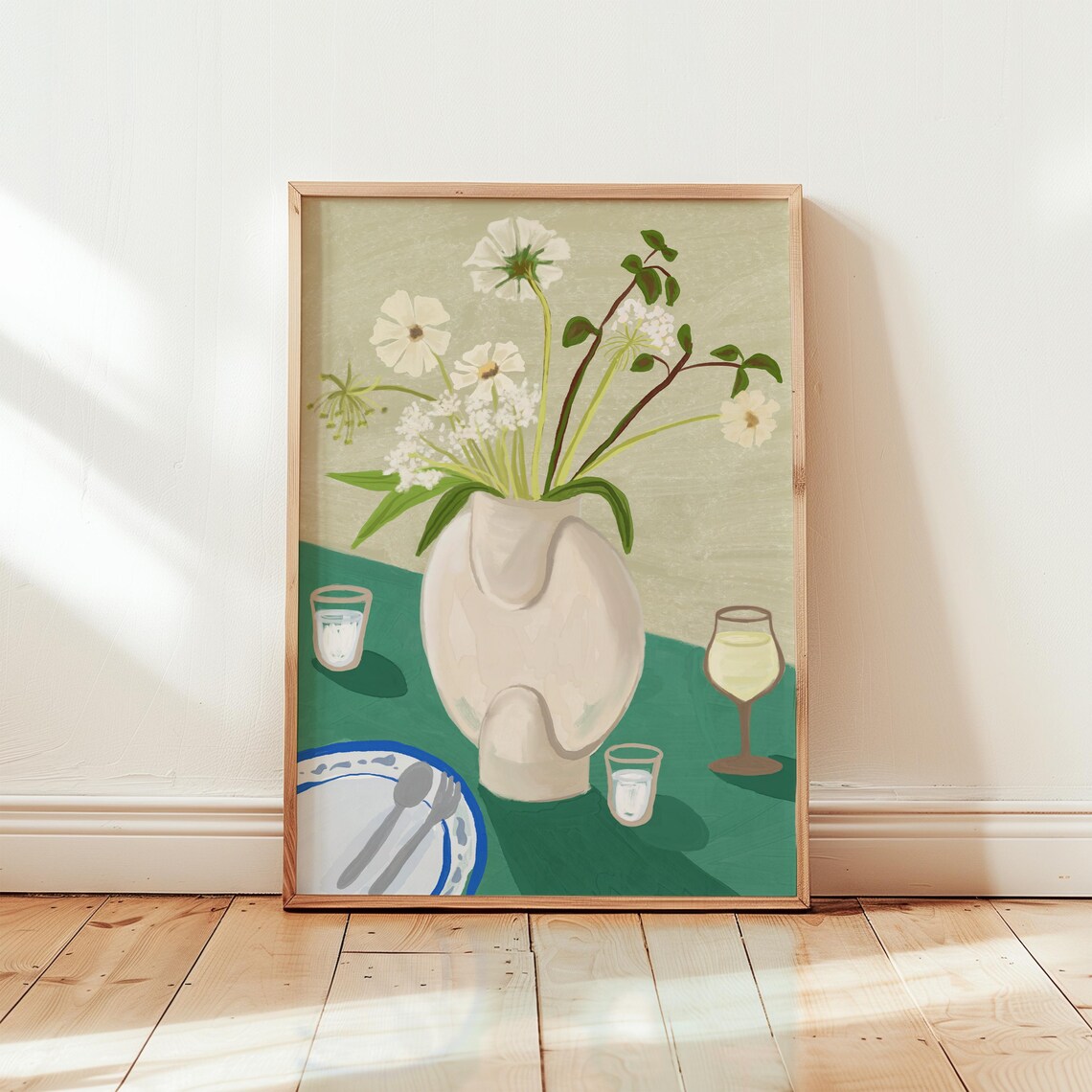 Green Table With White Flowers, Scandi Art Print