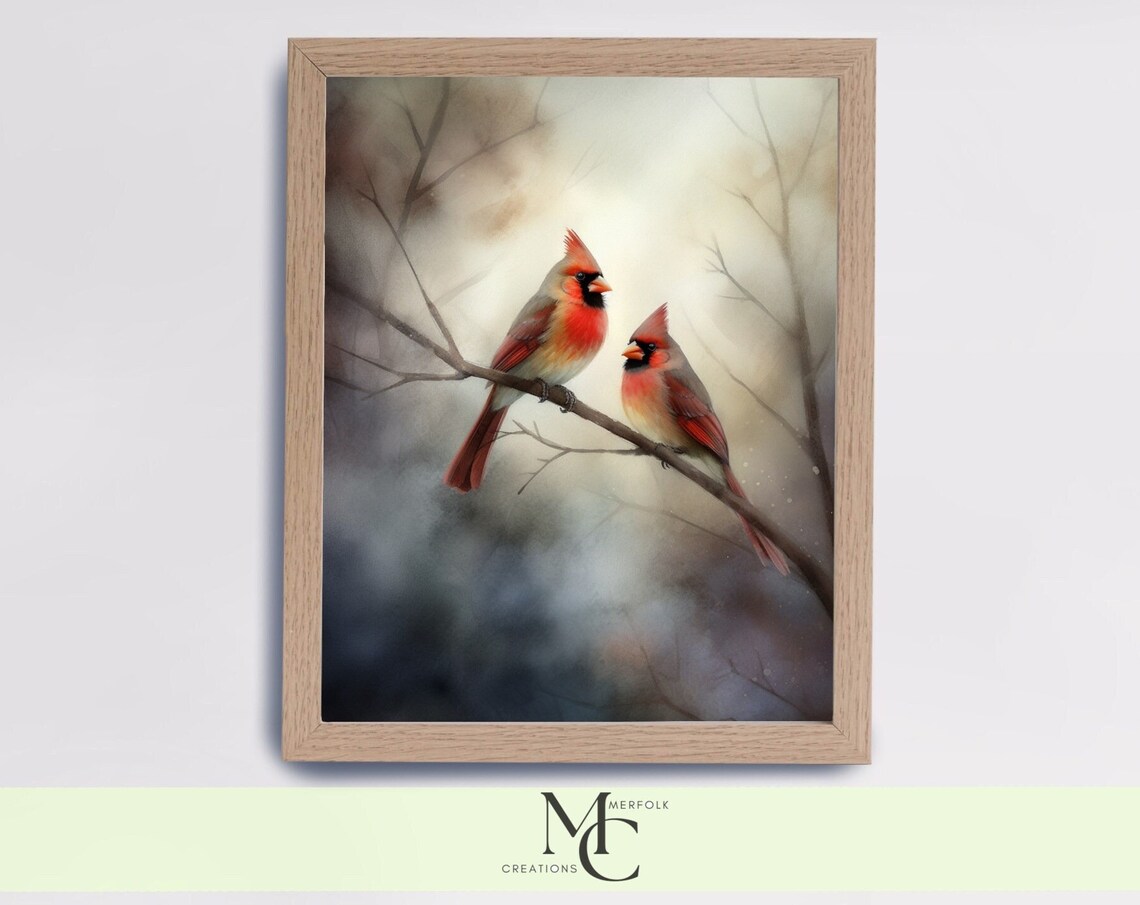 Pair of Red Cardinals on a Misty Branch Watercolor Bird Poster