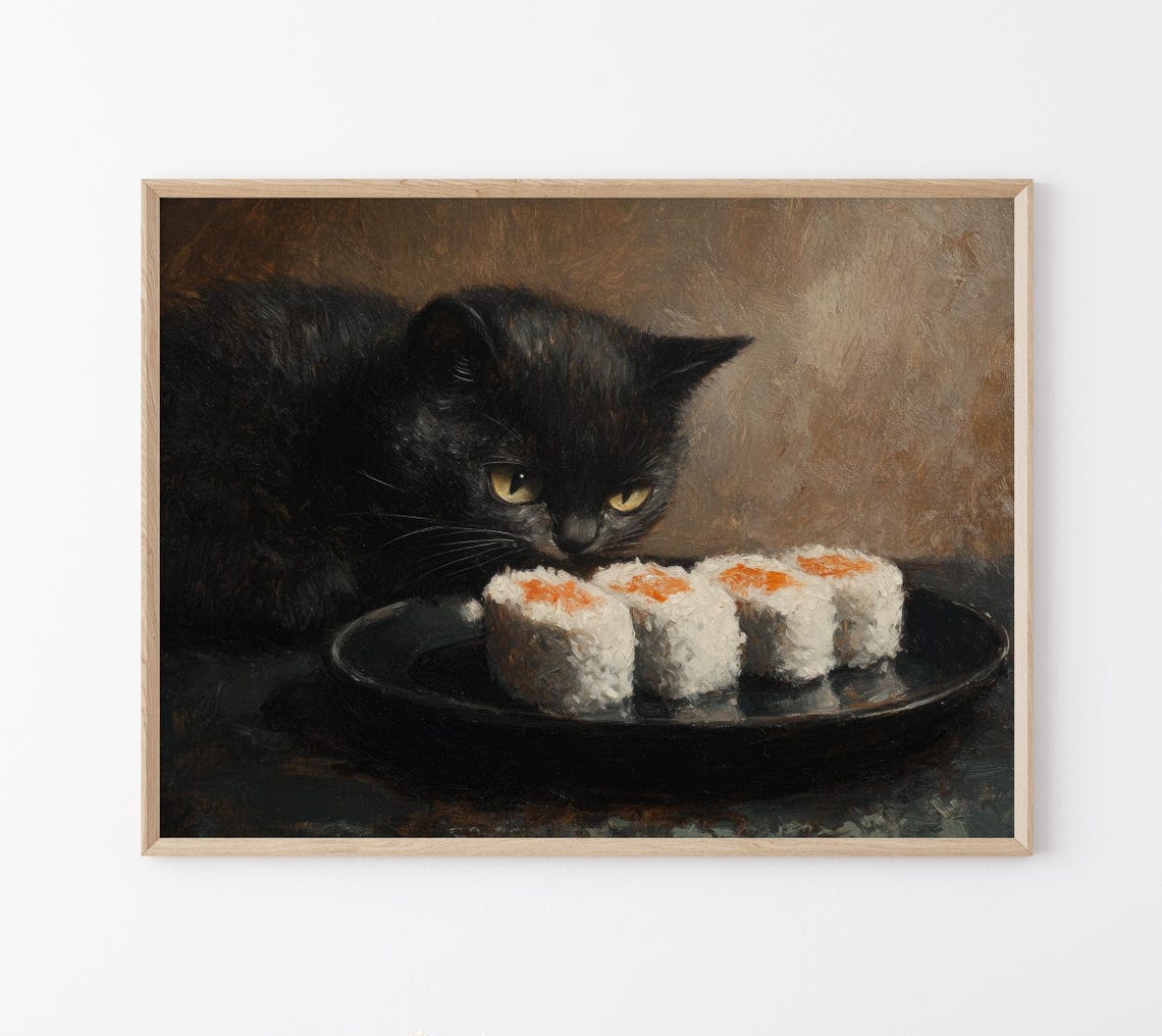 Black Cat Sushi Oil Painting Print Tokyo Art Print Oishii Cat Print Delicious Japanese Food Art Kitchen Wall Art Sushi Art Bcs7