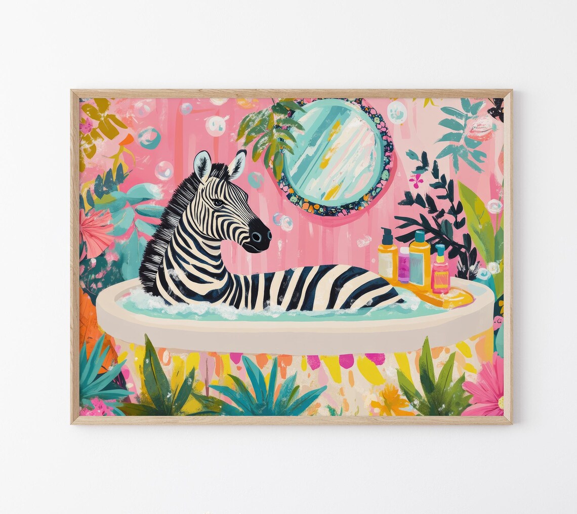 Zebra Lounging Full Length in a Bathtub Pink Tropical Bathroom Poster