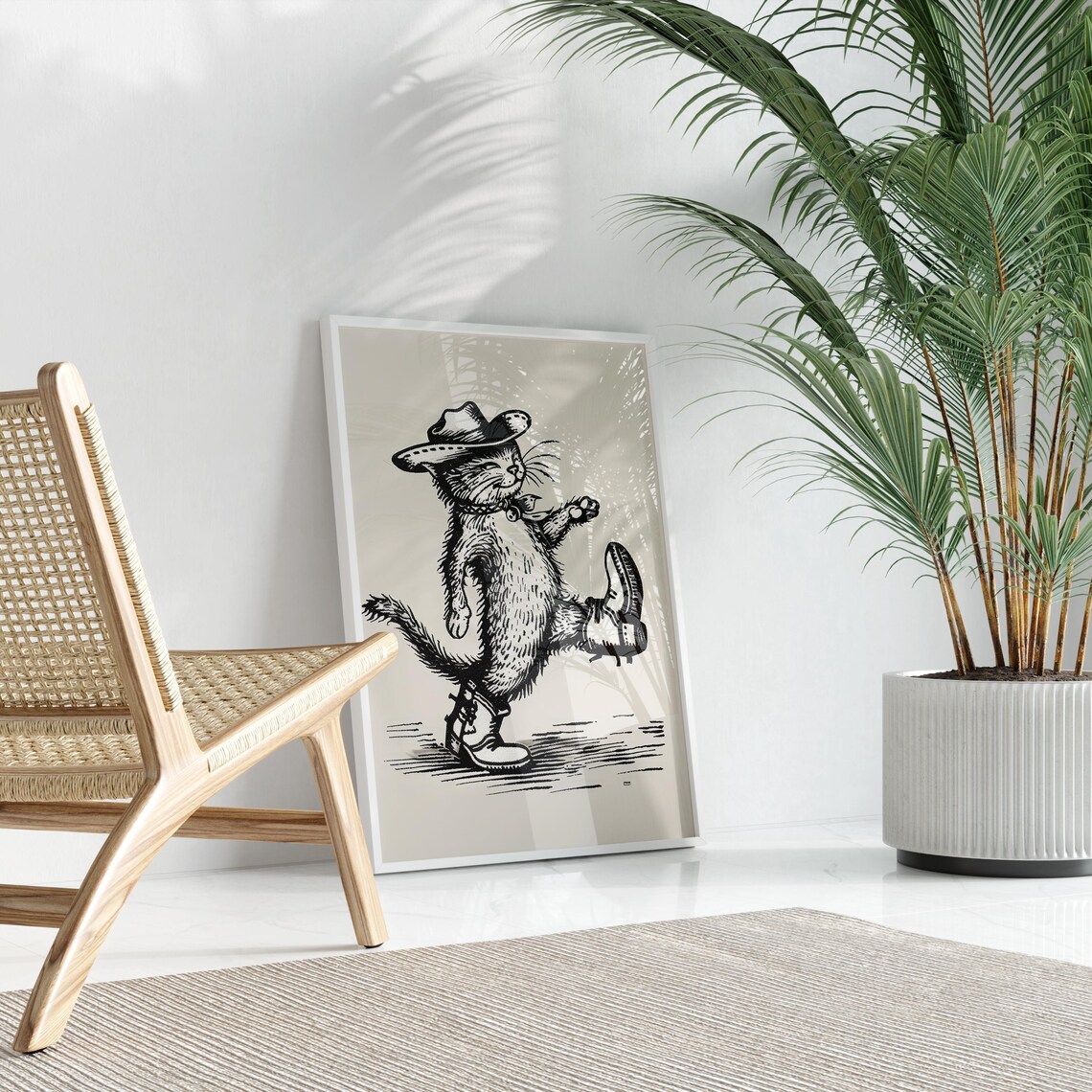 Smiling Cowboy Cat Bell Collar Dance Kick Western Sketch Poster - Image 3